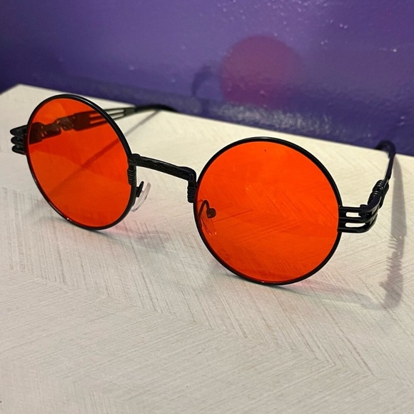 Black & red round shape gothic steam punk sunglasses + black leather pouch - Picture 12 of 15